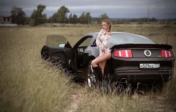 Picture car, Ford, Shelby, girl, Ford Mustang, long hair, dress, legs