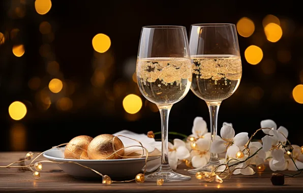 Balls, flowers, holiday, wine, glasses, Christmas, alcohol, New year