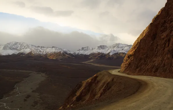 Road, river, mountains, cliff