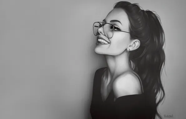 Girl, Glasses, Face, Art, Beauty, Smiling, Illustration, Black and white