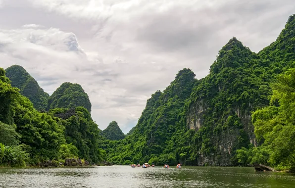 Greens, forest, the sky, clouds, mountains, river, people, rocks