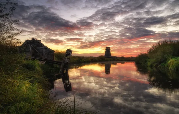 Grass, clouds, sunset, clouds, lake, reflection, shore, the evening