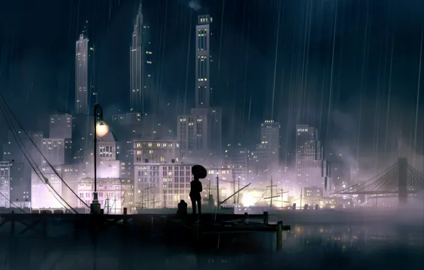 Night, the city, lights, rain, anime, pier, promenade