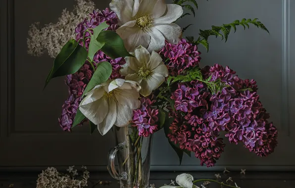 Picture flowers, glass, lilac, Anna, Petina, clematis