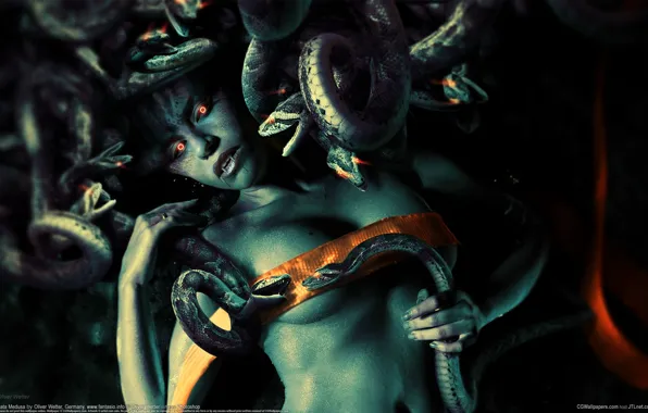 Snakes, girl, blood, snake, art, tape, fangs, red eyes