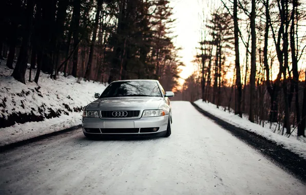 Forest, snow, sunset, Audi, Audi, silver, stance, Doroga