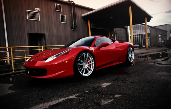 Picture red, the building, the fence, red, ferrari, Ferrari, side view, 458