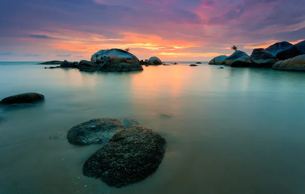 The sky, clouds, sunset, lake, stones, rocks