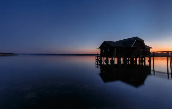 The sky, lake, the evening, pier, glow, boathouse