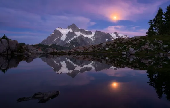 Picture forest, snow, lake, the moon, mountain, top