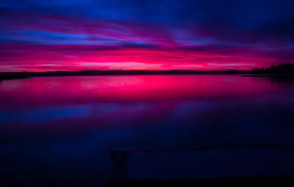 The sky, lake, reflection, shore, twilight