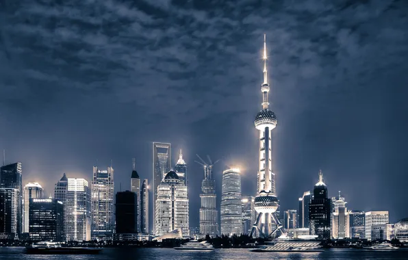 River, China, building, yachts, China, Shanghai, Shanghai, night city