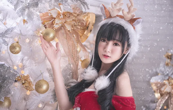 Look, girl, balls, snow, pose, hand, portrait, brunette