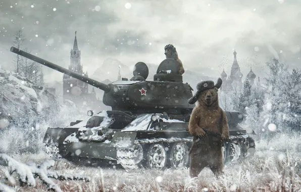 Winter, Snow, Bear, Bears, The Kremlin, St. Basil's Cathedral, Russia, Machine