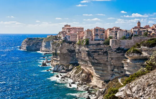 Picture sea, the sky, the city, rocks, home, on the edge, Corsica