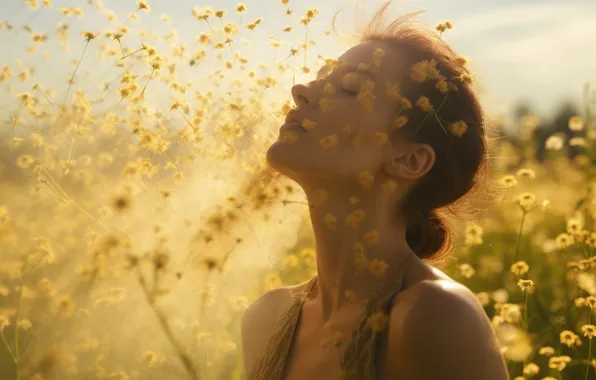 Field, summer, girl, light, flowers, nature, face, pose