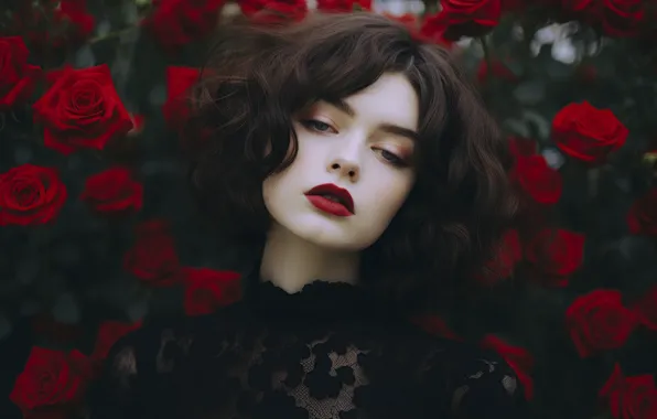 Picture summer, look, girl, flowers, red, face, the dark background, black