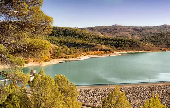 Road, autumn, the sky, the sun, trees, river, stones, hills