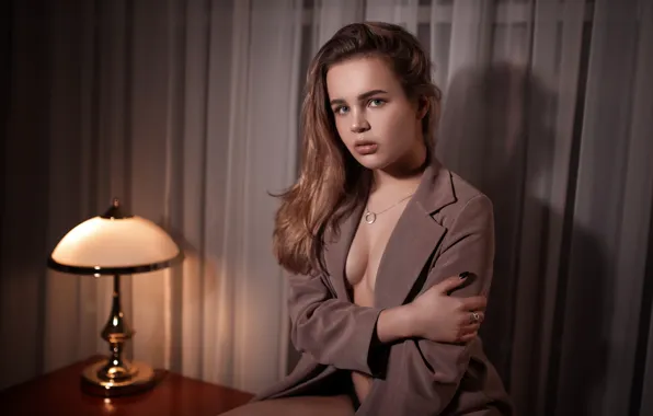 Chest, look, night, sexy, pose, model, lamp, portrait