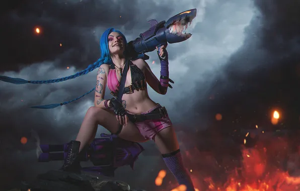 Girl, smile, shorts, rocket, game, hooligan, character, League of Legends