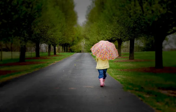 Road, sadness, trees, nature, children, childhood, umbrella, child