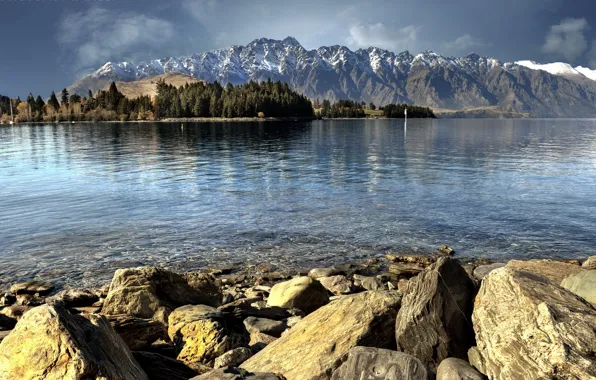 Trees, mountains, lake, stones, New Zealand, Queenstown