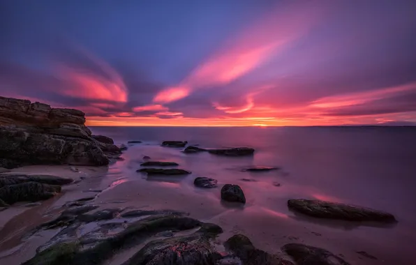 Sea, clouds, stones, shore, Scotland, glow