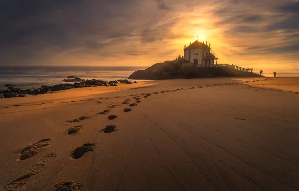 Sand, sea, beach, the sun, sunset, traces, stones, the building