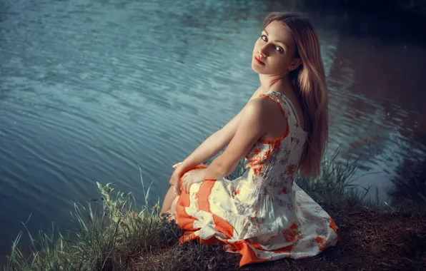 Look, girl, pose, river, long hair, sundress, Vadim Aksenov, Anastasia Molkova