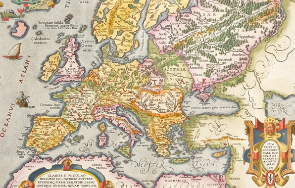 Picture Europe, old maps, old maps, Hand coloured engraved map, ancient Europe, Antwerp, 1603, Abraham Ortelius, …