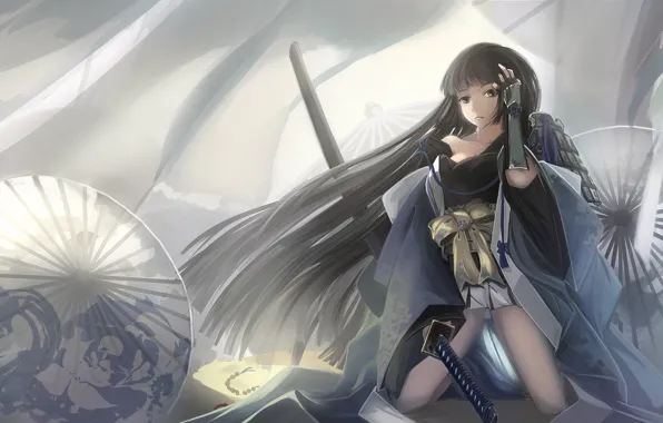 Girl, sword, art, umbrellas, long hair, kikivi