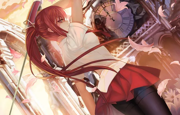 The sky, girl, clouds, sunset, flowers, watch, sword, anime