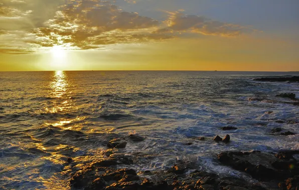Sea, wave, the sun, sunset, rocks, shore, horizon