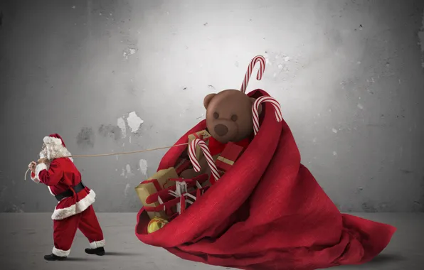 Red, holiday, toys, new year, gifts, Santa Claus, bag, Santa Claus