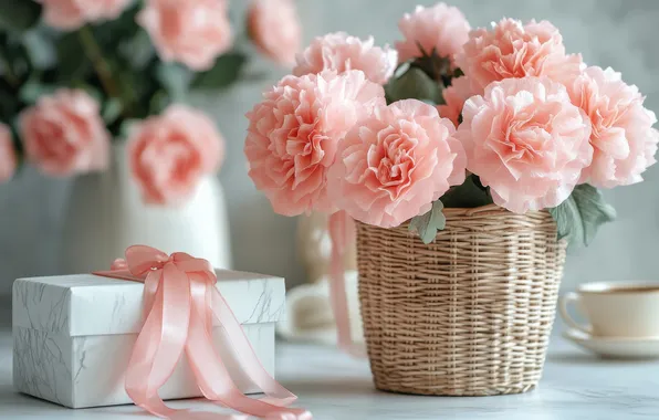 Flowers, holiday, gift, bouquet, pink, bow, basket, clove