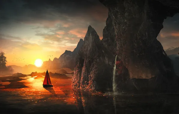 Water, the sun, light, mountains, river, sunrise, fantasy, rocks