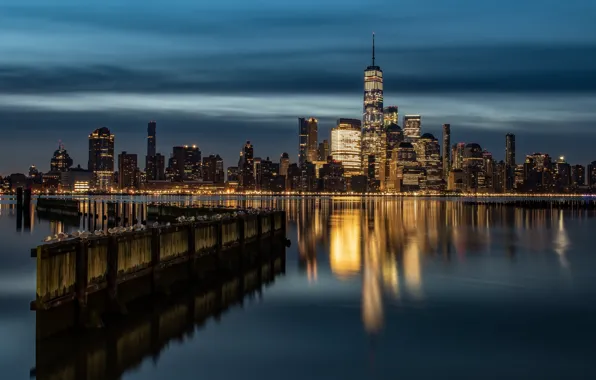 Picture river, building, home, New York, night city, Manhattan, skyscrapers, Manhattan