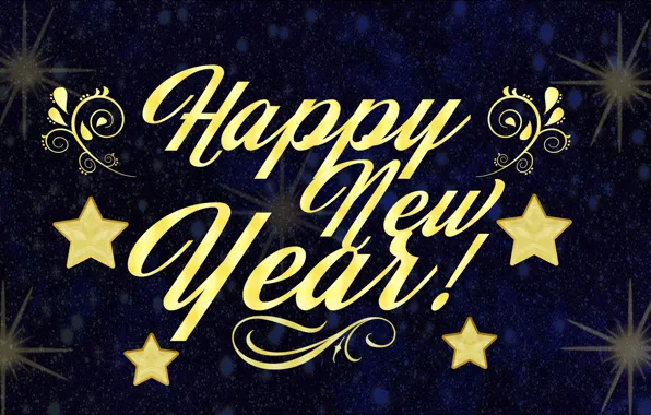 Stars, lights, the dark background, holiday, the inscription, pattern, yellow, New year