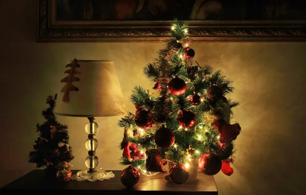 Picture decoration, table, tree, lamp, Christmas