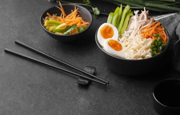 Eggs, asian, vegetables, chopsticks, noodles, traditional