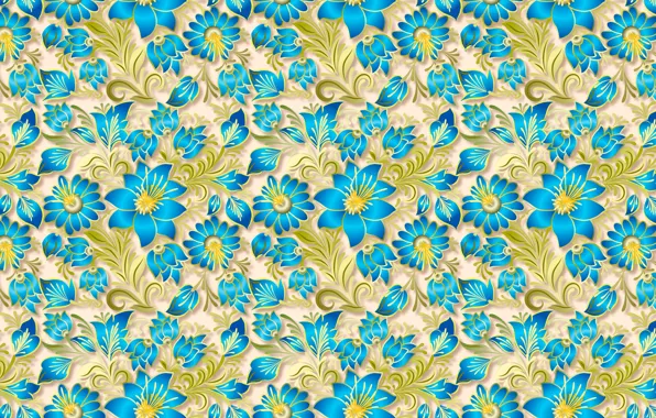Flowers, blue, pattern, gold