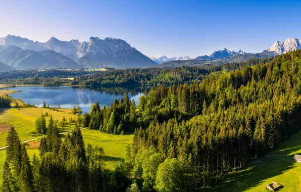 Forest, mountains, lake, Germany, valley, Bayern, Germany, Bavaria