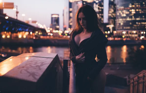 Ass, chest, water, the city, lights, hair, Girl, the evening