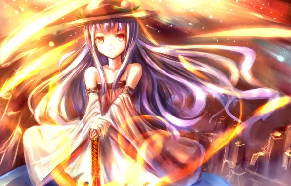Picture girl, the city, smile, weapons, mood, fire, magic, sword