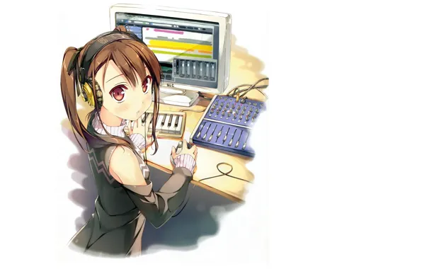 Computer, headphones, girl, white background, monitor, at the table, by kantoku