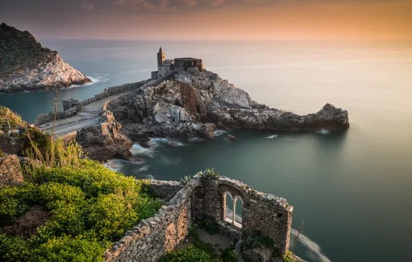 Sea, rocks, coast, Italy, Church, Italy, The Ligurian sea, Liguria