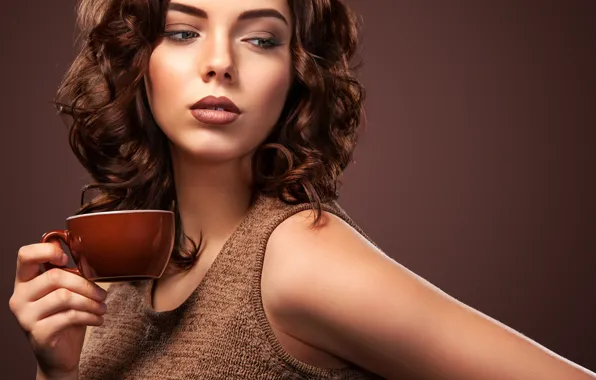 Look, girl, face, coffee, hands, makeup, hairstyle, Cup