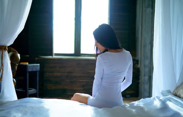 Girl, model, bed, portrait, dress, brunette, light, white