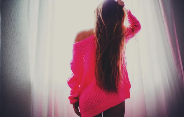 Girl, light, pink, hair, window, curtains, is, sweater