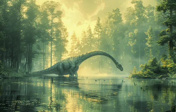 Water, Lake, Trees, Dawn, Dinosaur, Neck, Animal, Digital art